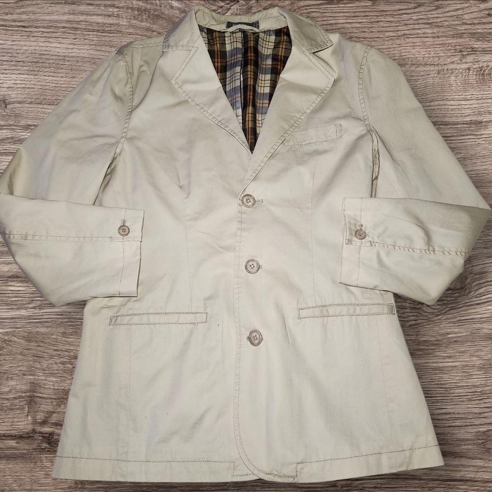 Fossil Brand Womens Sz M Tan Blazer Jacket  Plaid Liner Pockets Fitted